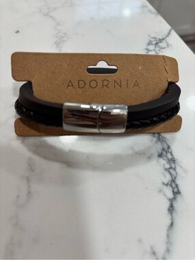 Men's Leather and Rhodium Plated Bracelet with Magnetic Clasp
